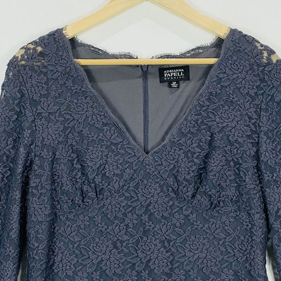 Adrianna Papell Evening Charcoal‎ Grey Lace Long Sleeve Lined Dress Women's 12 - Picture 2 of 7